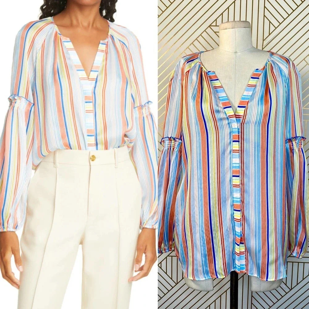 Tanya Taylor Illa Silk Blouse Summer‎ Stripe Print